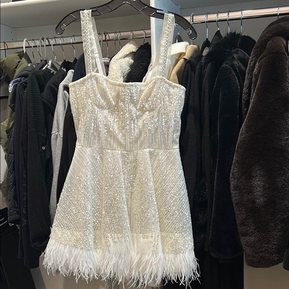 White Sequin Mini Dress with Feather Hem